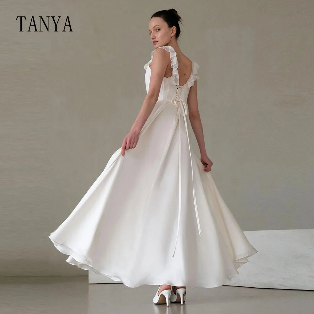 Simple A Line Wedding Dress For Women O Neck Sleeveless Ankle Length Bridal Party Dress Lace Up Back Backless Bridal GownTSWD255