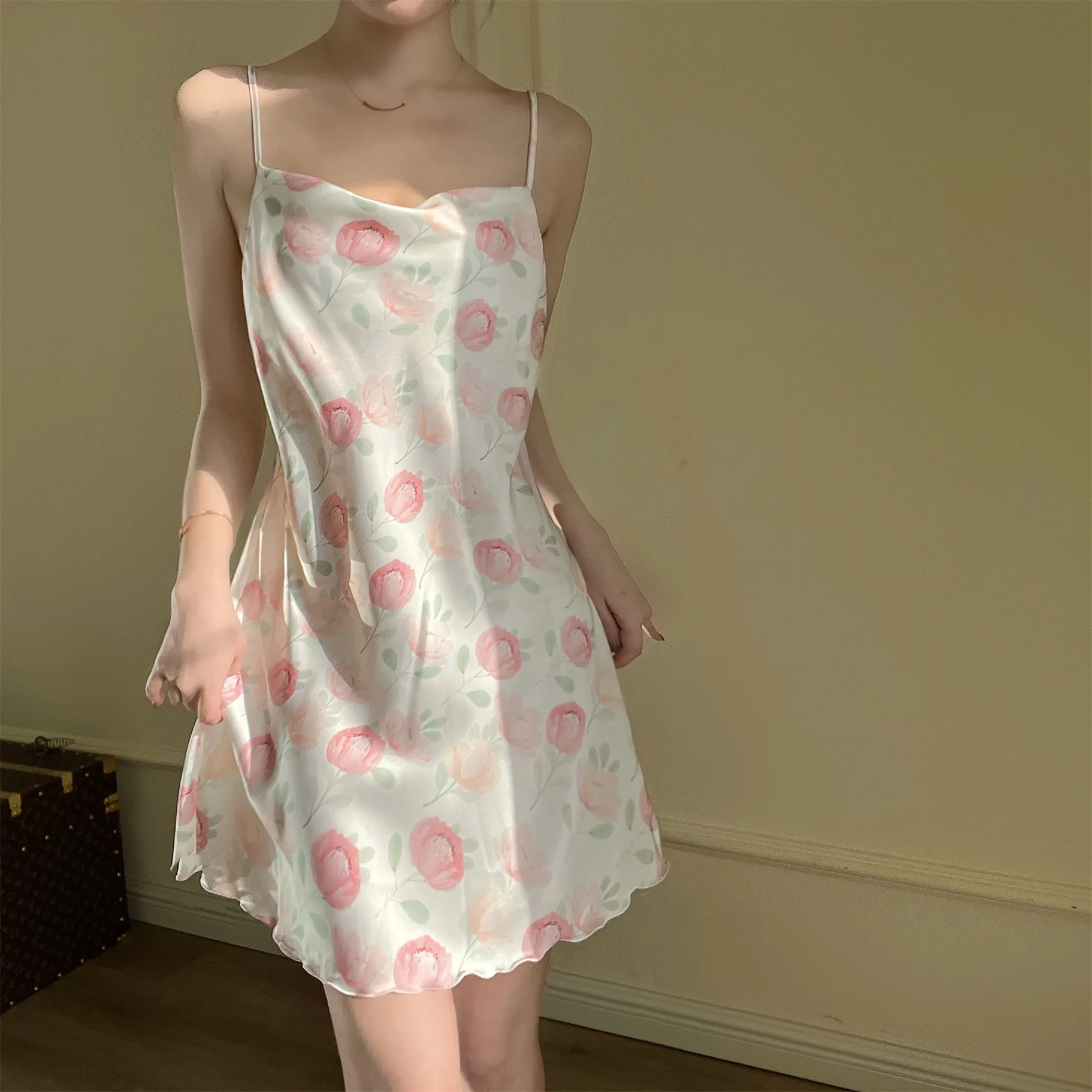 

Sexy Pajamas Women Ice Flower Swinging Collar Summer 2023 New Pure Wind Beautiful Back Suspender Nightgown Can Be Wear Outside