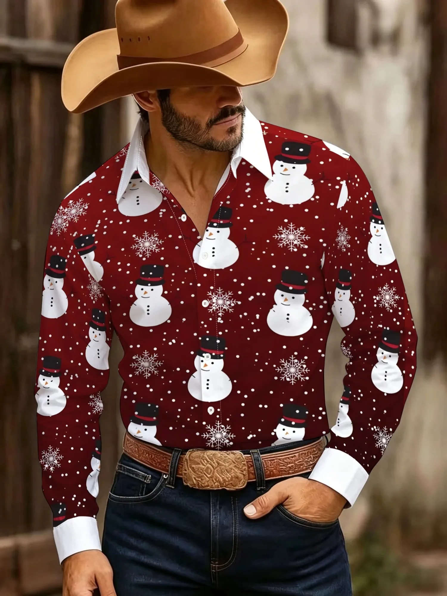 Men Long Sleeve Shirt Wine Red Snowman Snowflake Print Casual Button Down