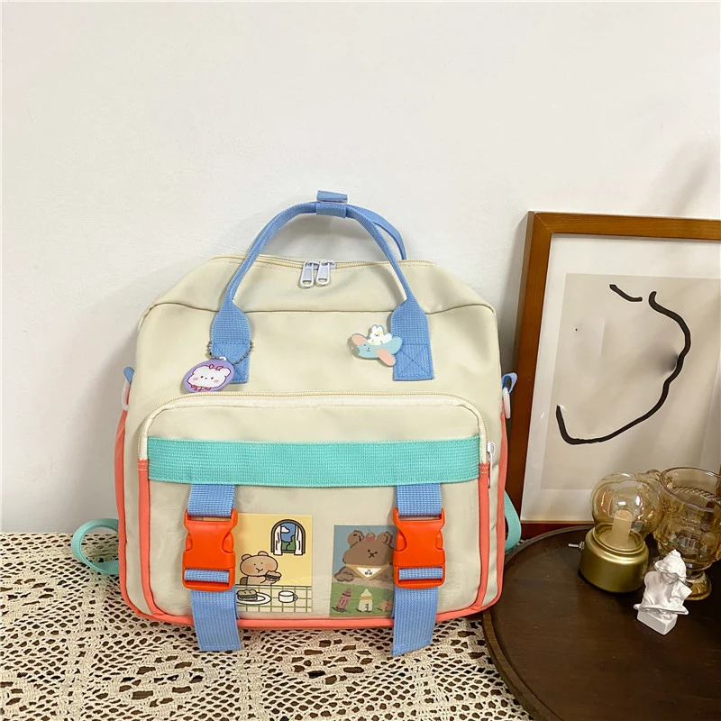 Nylon Women Backpack Contrast Color Multifunction Waterproof Bag Female Transparent Pocket Insert Buckle Small Schoolbag