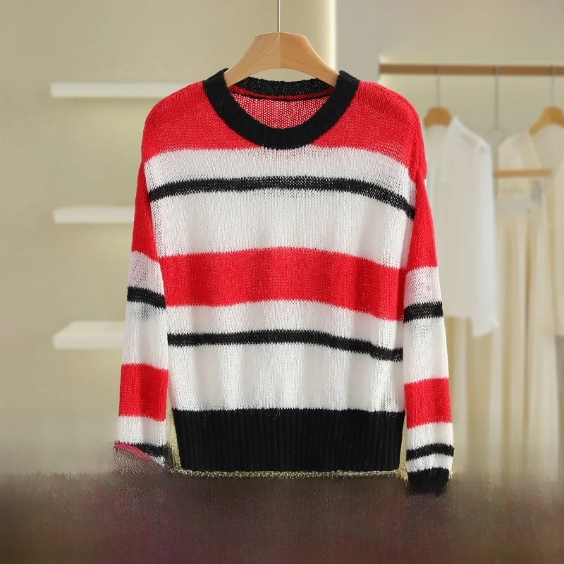 

Slim Fit Knitwear round Ne Patchwork Color Commute Sle Long Sve Wool Blend Faionable Versatile Color Knit Top