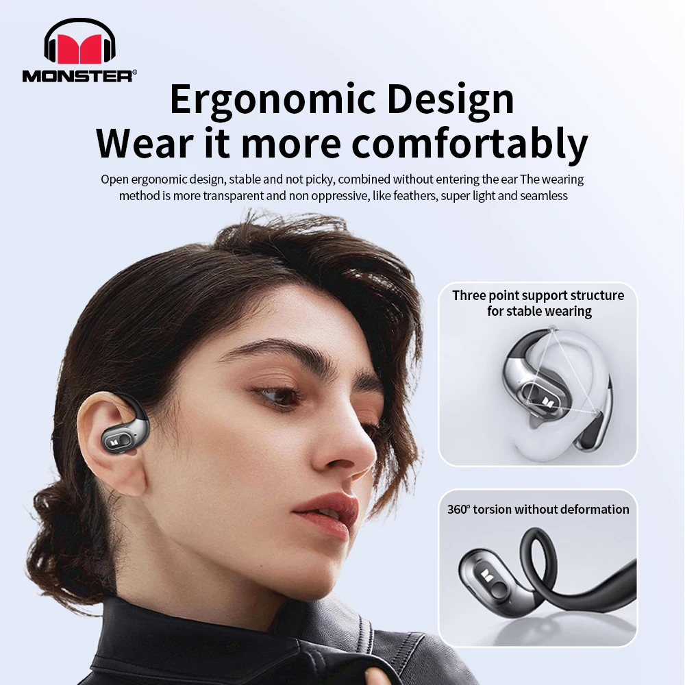 Monster AC330 OWS Drahtloser Bluetooth-Kopfhörer, HiFi-Sounds, hochwertige HD-Anrufe, Kopfhörer mit Mikrofon, Rauschunterdrückung, Ohrhörer, 8 Stunden Spielzeit