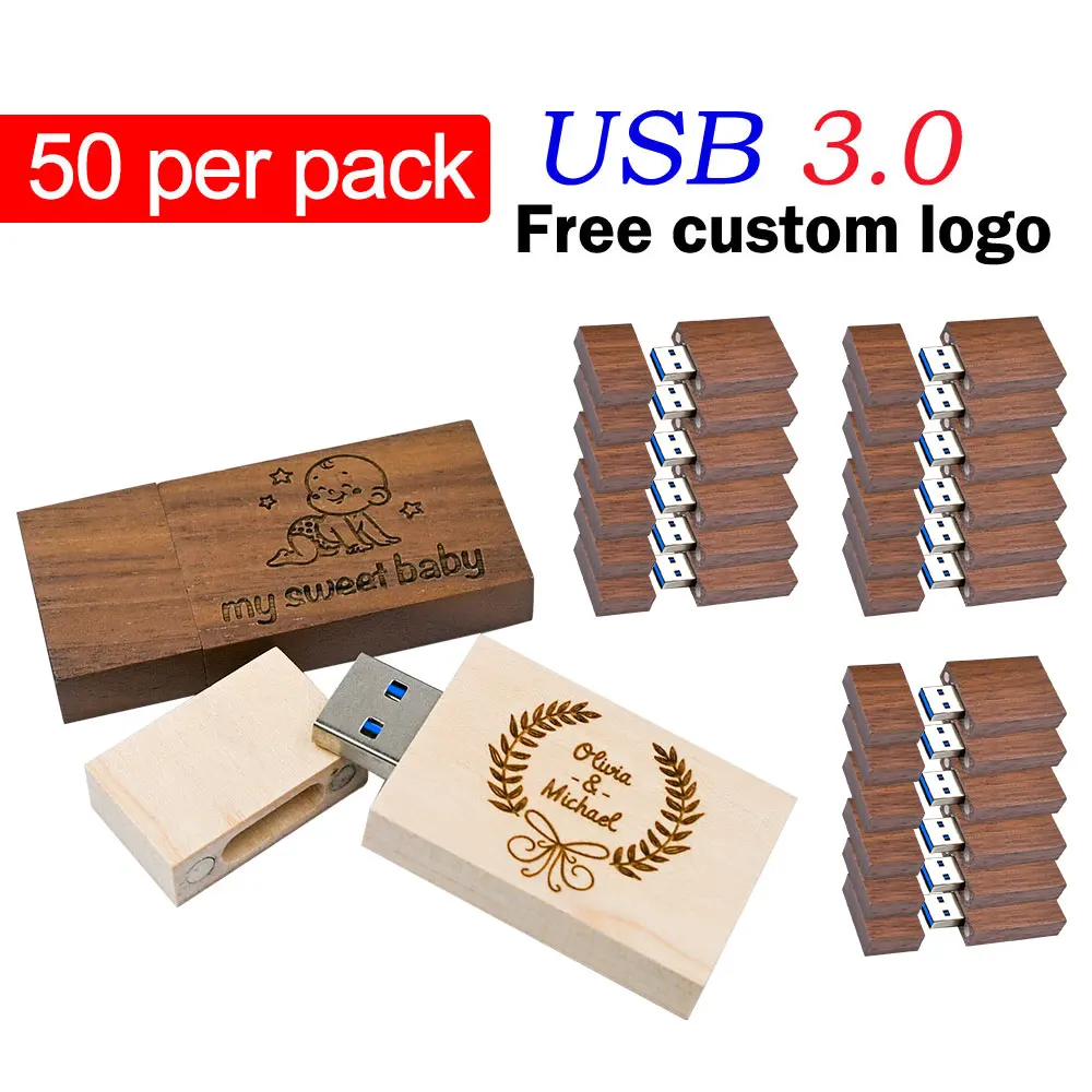 50PCS Wooden USB Flash Drive 3.0 128GB Free Custom Logo Memory Stick 64GB Creative Gift Box Pendrive 32GB Real Capacity U Disk