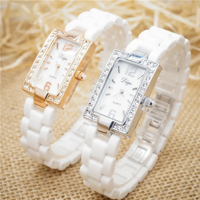 Digu Women Quartz Watch Diamond Dial White Case Band Rhinestone Orologio Luxury Ceramic Strap Clock Ladies Rectangle Wristwatch