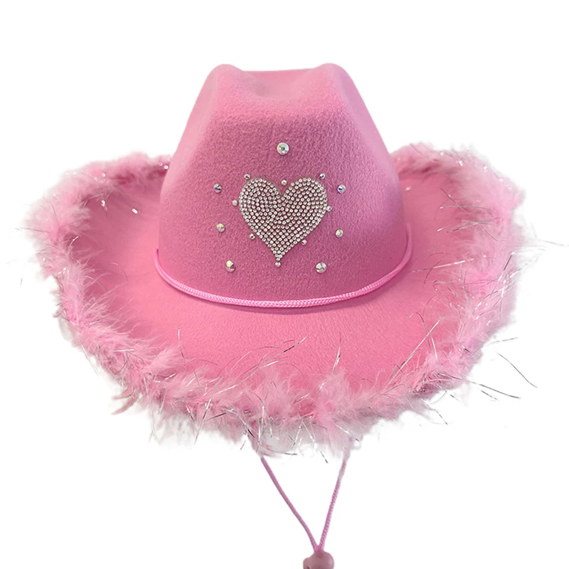 Women Cowgirl Hat Rhinestone Heart Fuzzy Trim Wide Brim Cap for Fiancee Shower Bachelor Parties Cowboy Hats