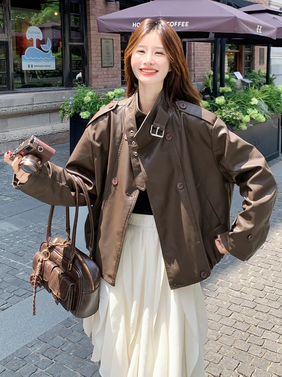 Cé Brown Workwear Protein Leather Jaet Women's ort Sle Spring Autumn High Faion Cool Biker Coat Zipper Closure Long...