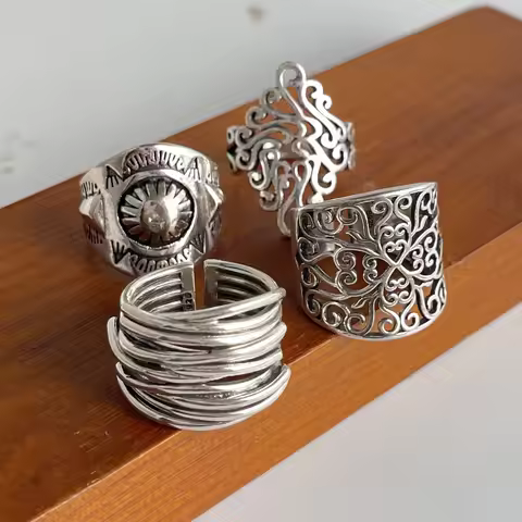 925 Sterling Silver Rings For Women Geometric Fine Jewelry Finger Adjustable Retro Flower Hollow Ring For Party Birthday Gift