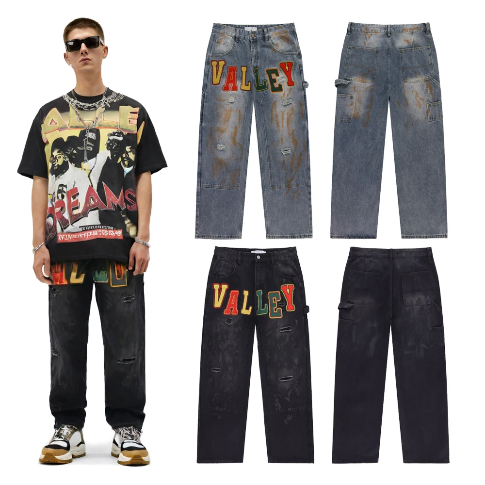 

Streetwear Clothing Loose Straight Jeans with Letter Embroidery Y2k Hip Hop Street Style Cotton Casual Rock Revivals Jeans Men's