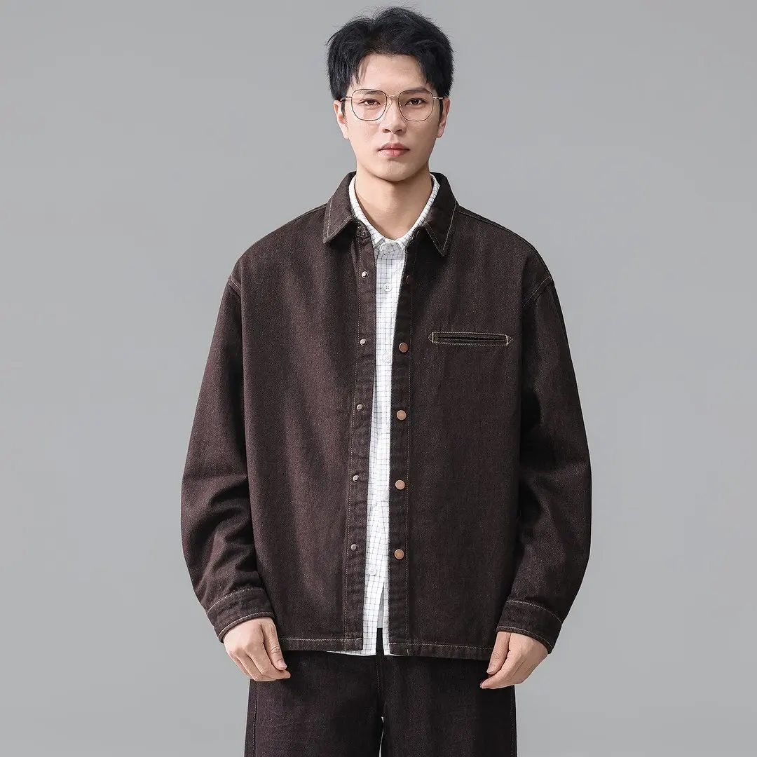 Coffee Denim Shirts Jacket Men Spring Autumn Fashion Vintage Loose Casual Long Sleeve Cargo Shirt Jacket  Spring Autumn Coat