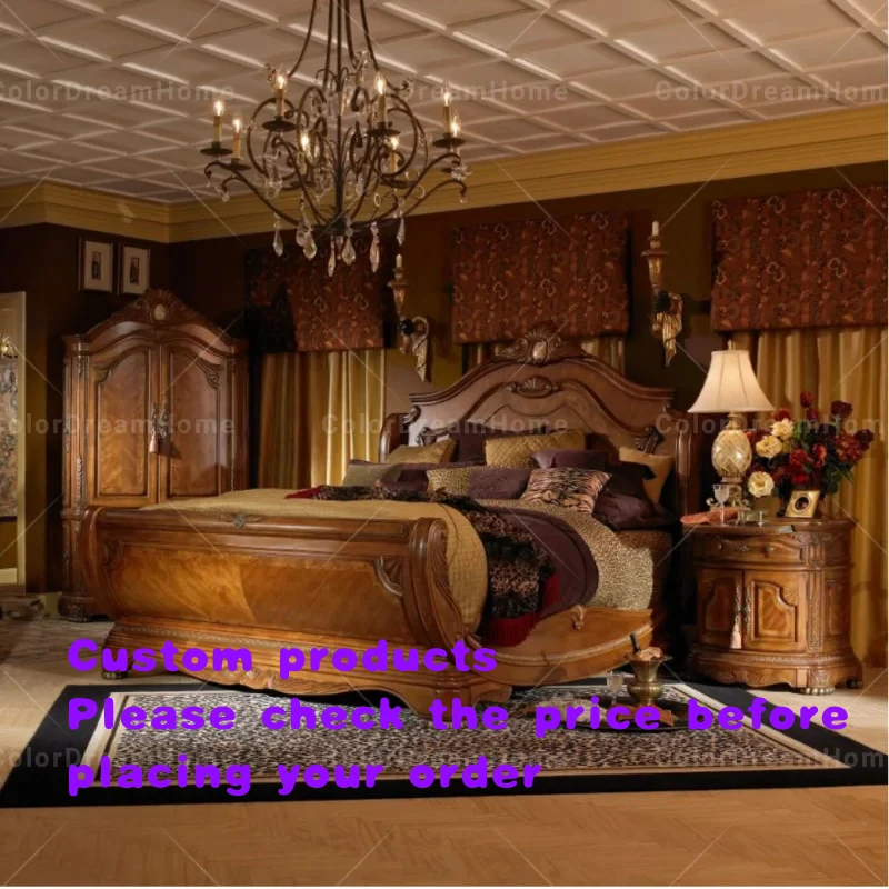 custom.Luxury Comfortable Bedroom Furniture Solid Wood Bed Frame American Style King Size Hand Carved Wooden Bed