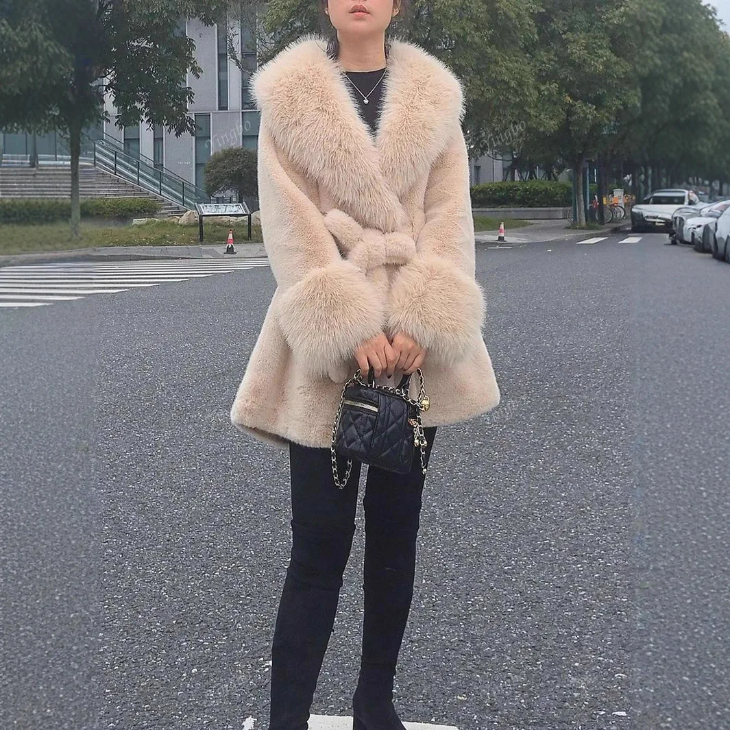 Lace Up Winter Women Eco Fur Jacket Coat Lapel Collar Bow-Knot Fur Coat For Female Elegant Mid Length Lady Aitificial Fur Coat