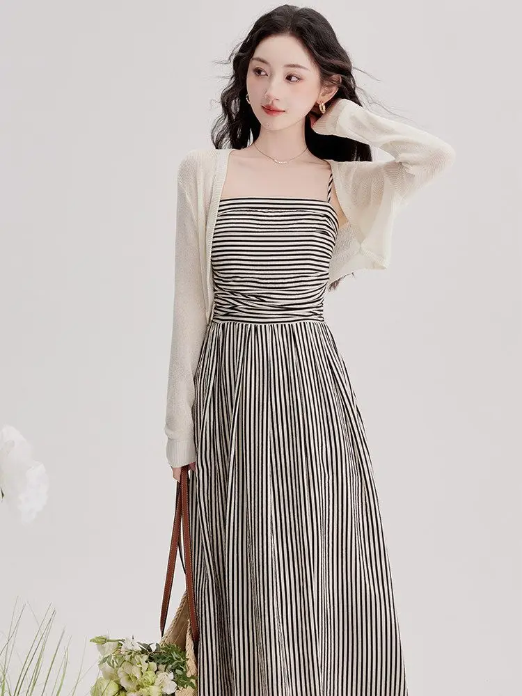 

Summer New Women's Strap Dress High Waist Striped A-line Skirt