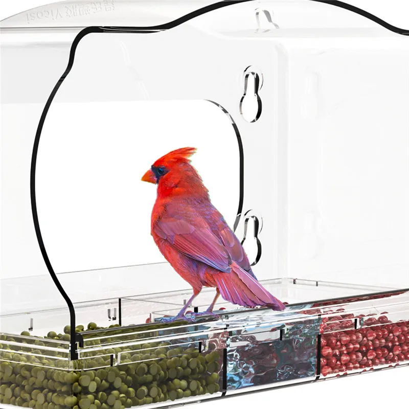 

Bird Feeders with Sturdy Clear Acrylic and Suction Cups; Convenient Feeder Tray and Bird Bath Replenishing Procedure