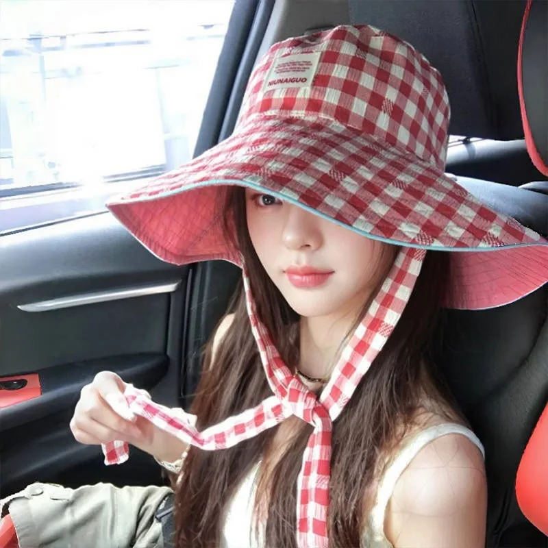 

New Double-sided Wear Contrasting Color Plaid Large Brim Sun Hat Women Summer Travel Versatile Sunscreen Drawstring Bucket Hats