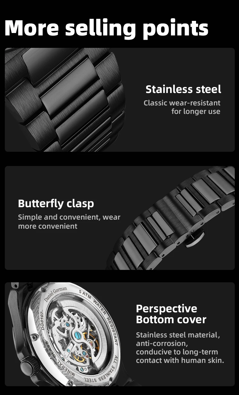 Black Friday Automatic Mechanical Watch Waterproof Sport Skeleton Wristwatch Rotating Wheel Dial Watches Factory Direct