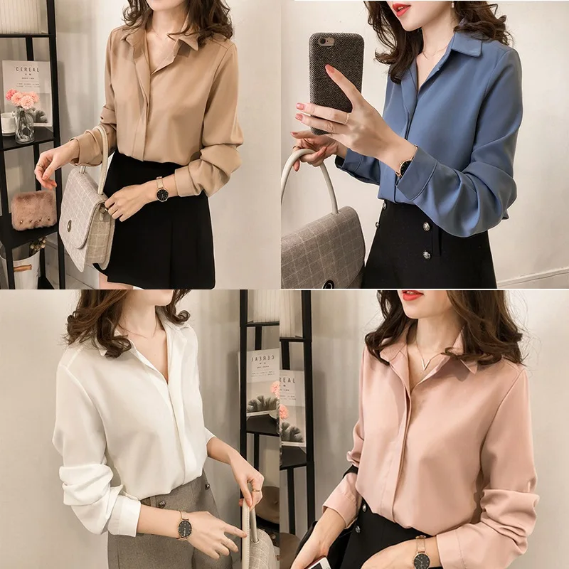 New Women Shirts Summer lady Elegant Shirt Chiffon Blouse Solid Long sleeve office Ladies Fashion Shirts Tops Femme