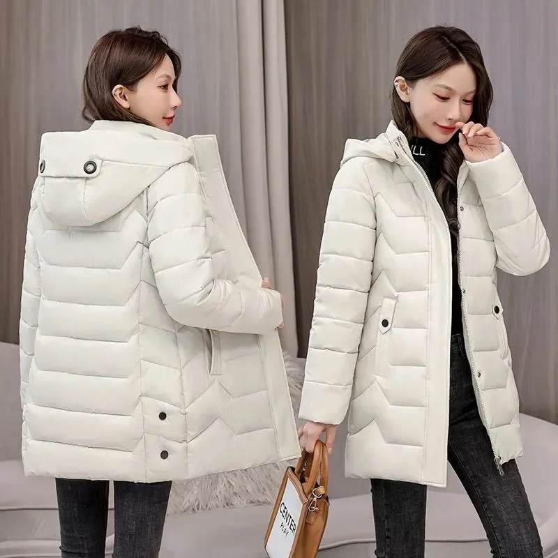 Long Slim Winter Ladies Cotton-Padded Jacket Warm 2024 New Winter Outerwear Hat Detachable Down Coat Women Parkas Large Size Top