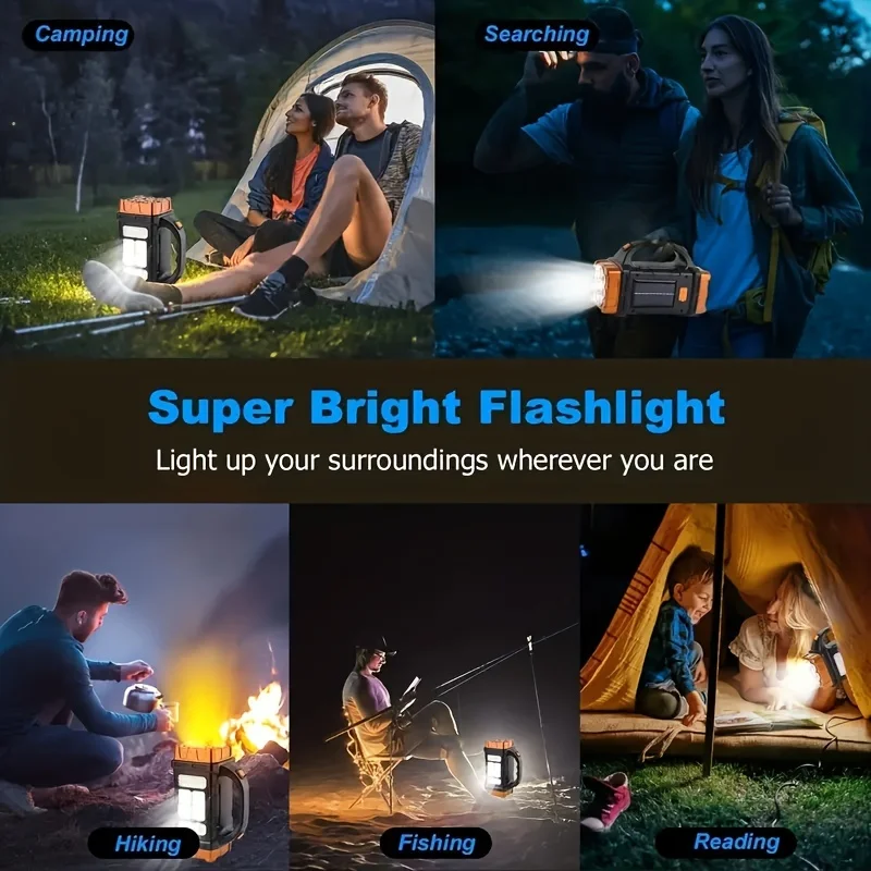 1pc Portable rechargeable flashlight, solar powered LED light with COB work light, rechargeable camping light