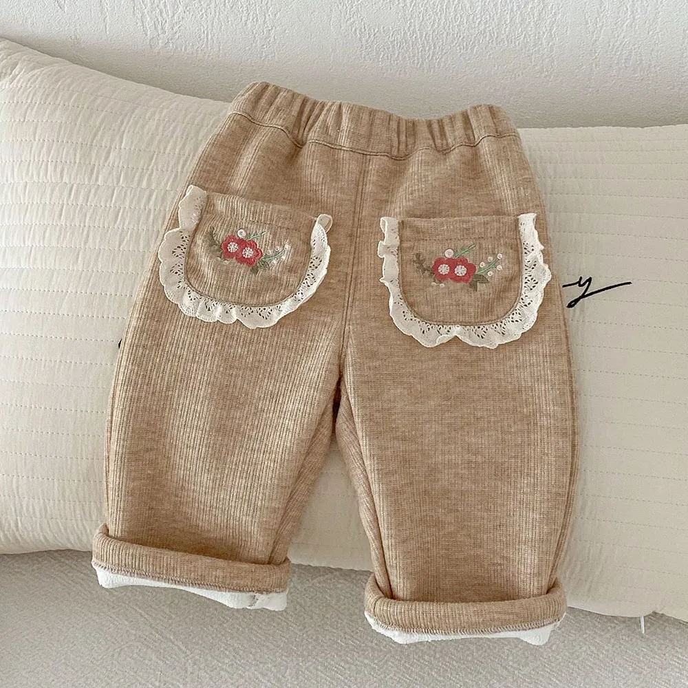 Girls Trousers Plus Velvet Thicken Warm Winter Flower Embrodiery  Baby And Toddler Clothing Casual Loose Kids Pants