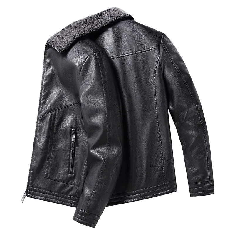 Fleece Lined PU Leather Jacket Lapel Collar Zip Up Outerwear Warm Windproof Coat for Autumn Winter Daily Casual Outing Wear