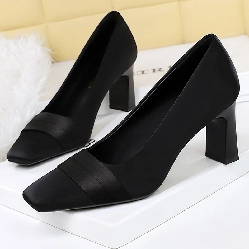 أحذية BIGTREE برأس مربع للنساء أحذية حريرية بكعب عالي فستان مأدبة مع أحذية وصيفة العروس بكعب مكتنز أحذية للسيدات جديد #4