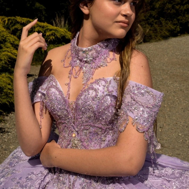 أرجواني فاتح لامع فساتين Quinceanera قبالة الكتف الترتر زين الدانتيل الديكور كريستال القوس تول مشد حفلة عيد ميلاد الحلو #3