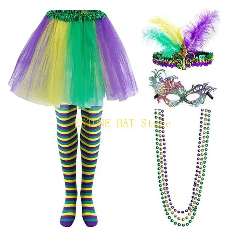 

49MF Carnival Party Costume Accessories Mardi Gras Party Decor Bead Necklace Mask Set