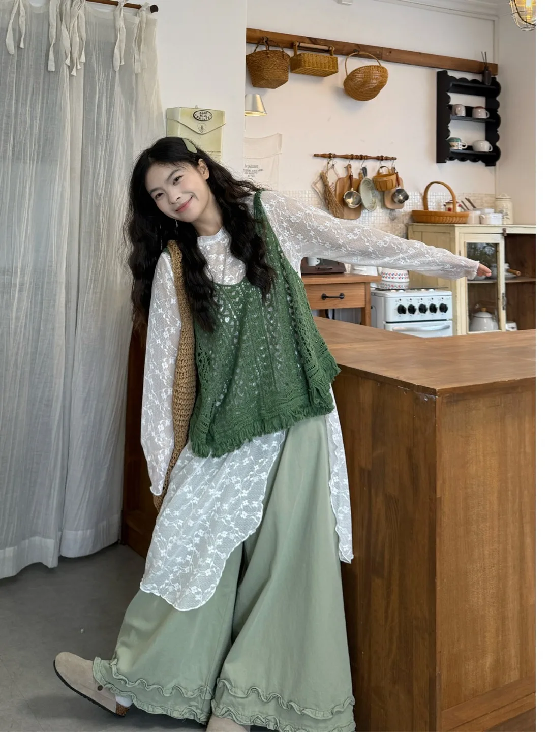 

plus Size Women's Sweet Style Long Sleeve Lace High Waist Asymmetrical Top And Wide Leg Pants Summer New Arrival UV Protection