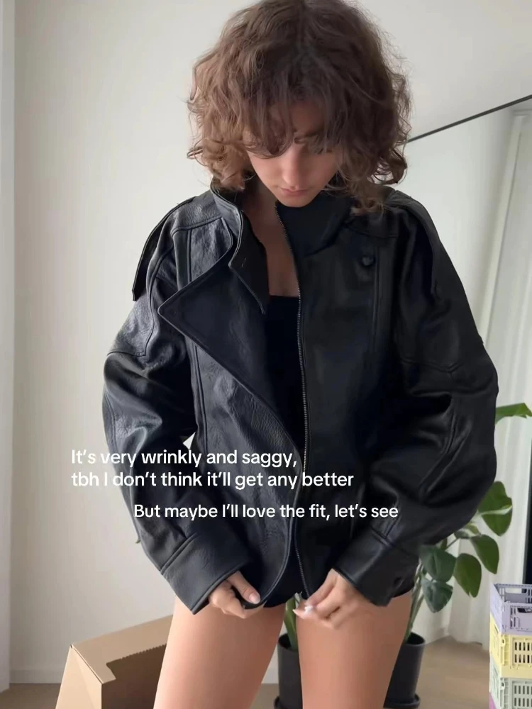 

Женская черная куртка из искусственной кожи, модное пальто с воротником-стойкой, нерегулярной молнией, среднее пальто, женские осенне-зимние шикарные повседневные куртки