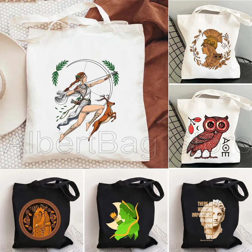 

Ancient Greek Athenian Amphora Athena Owl Greece Gifts Shopper Harajuku Canvas Tote Bag Shoulder Cotton Shopping Casual Handbag