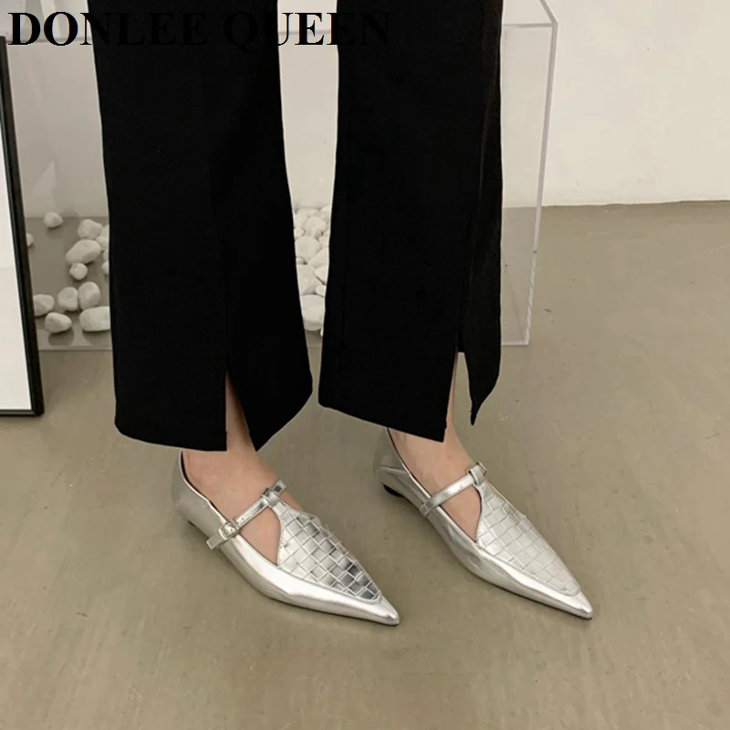 Fashion Pointed Toe Flats Heel Shoes Women Loafers 2023 New Autumn Dress Shoes Ankle Strap Mary Jane Shoes Brand Weave Ballerina