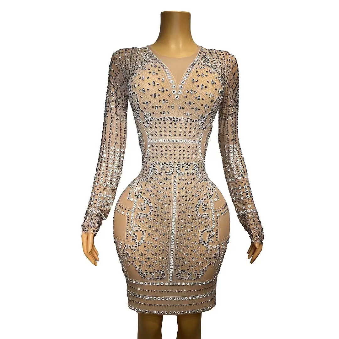 

Silver Rhinestones Pearls Nude TransparentDress Evening Dance Show Outfit BirthdayCelebrate Sexy Collection magua C126