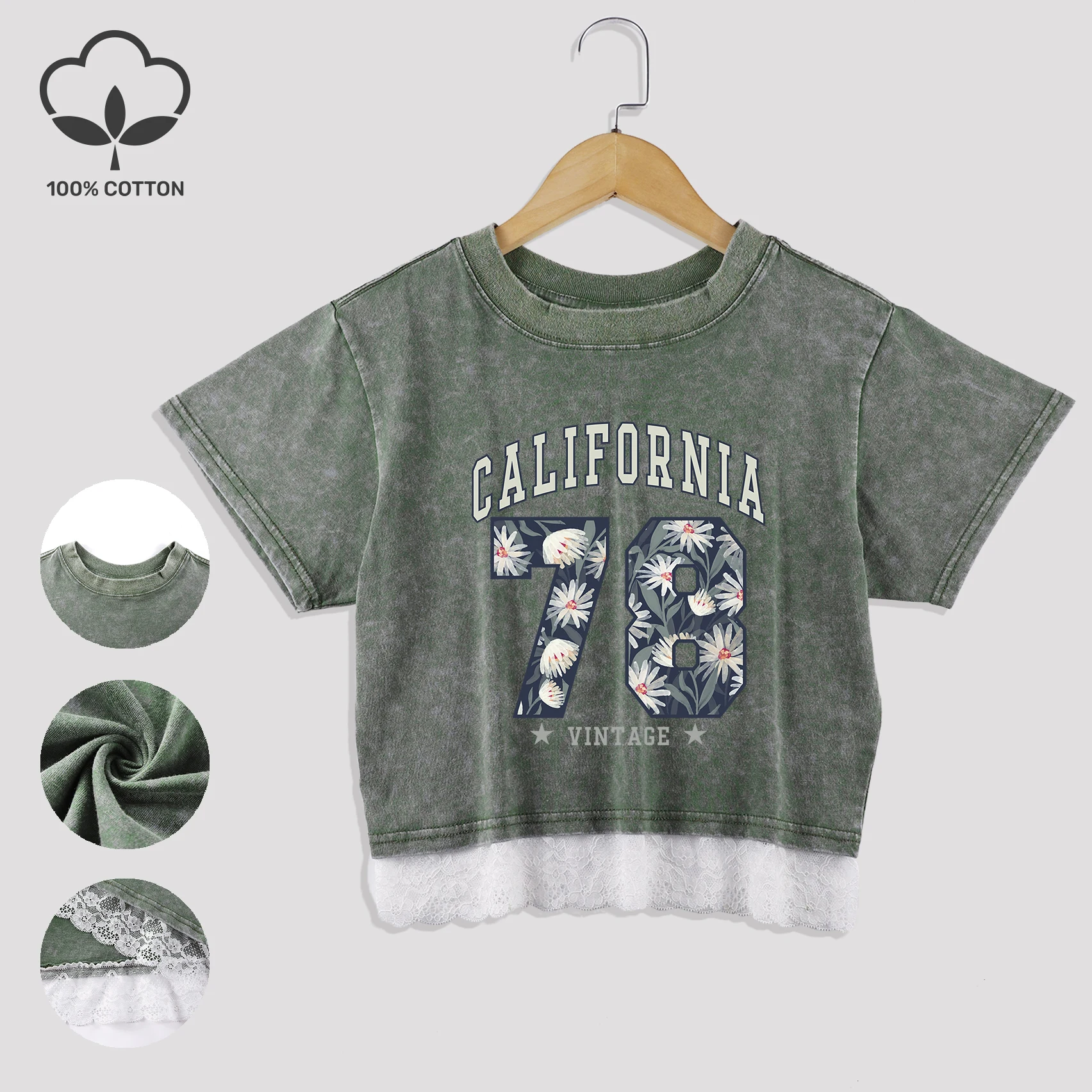 

Футболка California 78 с цветочным принтом Snow Wash, женская повседневная хлопковая укороченная футболка, кружевная мягкая одежда, новый креативный женский топ