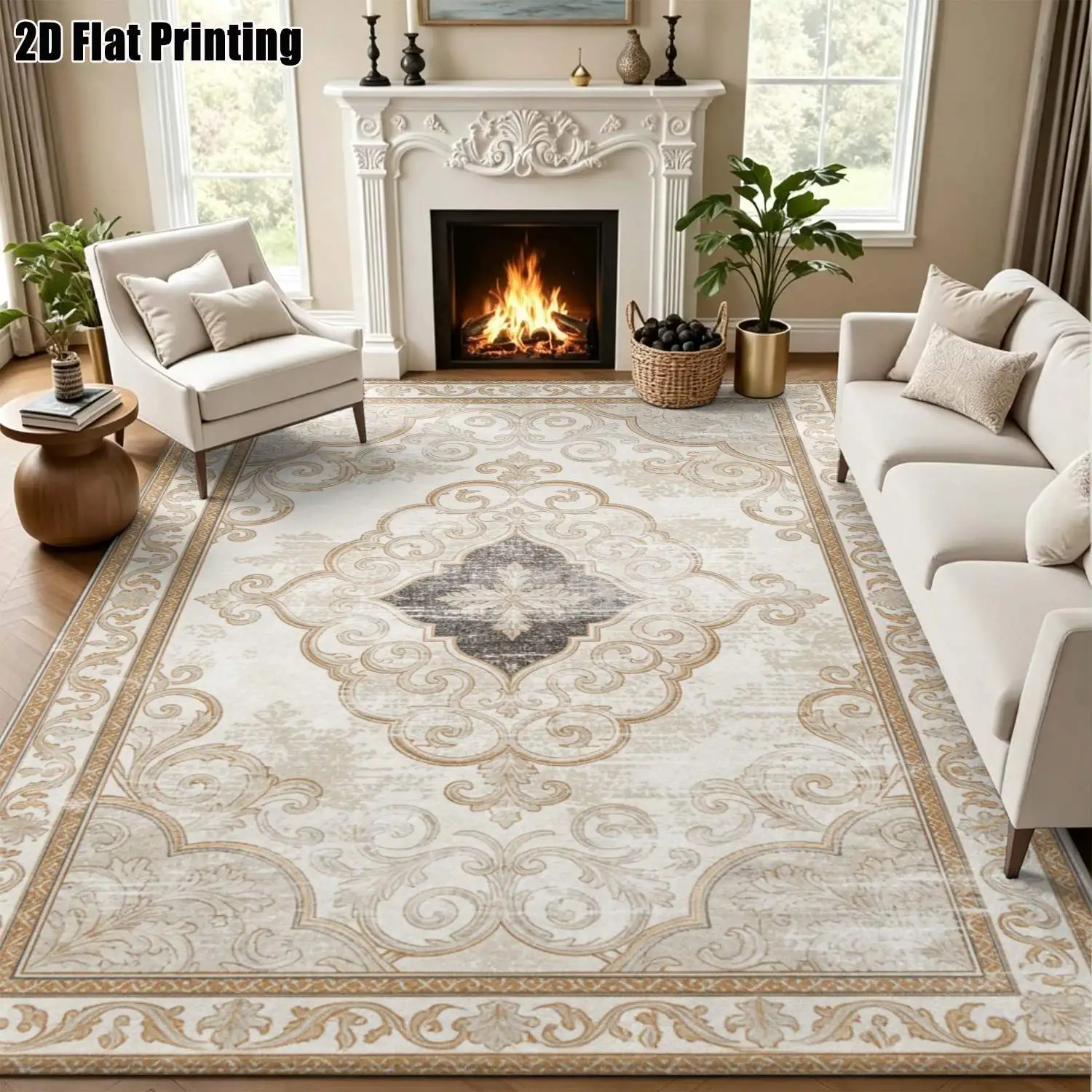 1Pc 2D Printed Retro Beige Geometric European-Style Carpets, Home Decor, Multi-Size, Machine Washable, for Entrance, Dining Room, Foyer, Living Room, Bedroom