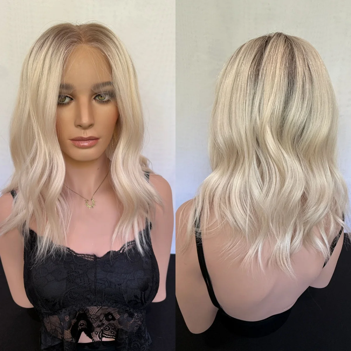 

Glueless Wigs Synthetic Hair 16Inches Ombre Light Blonde Lace Top Wigs Loose Wave 13*4 High Definition Wig Small Large Cap Size