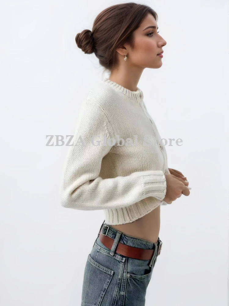 ZBZA Women Vintage Knit Cardigan Solid Crew Neck Long Sleeve Single Breasted Threaded Hem Short Sweater Fall Winter New Lady Top