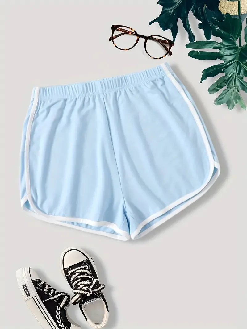 Contrast Trim Slim Shorts Casual Elastic Waist Shorts For Spring & Summer Women\'s Clothing