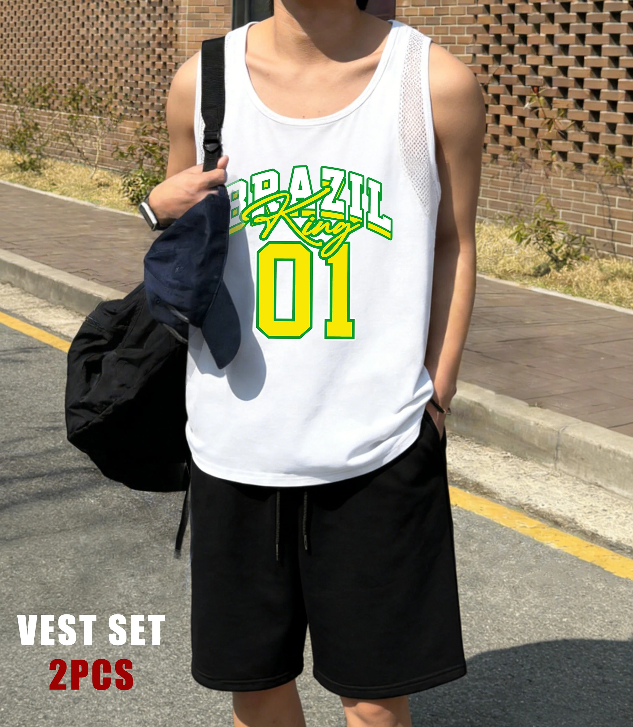 

Brazil King Number 01 Printed Reticular Vest Set Men Fashion Shorts Summer Soft Sleeveless Top O-Neck Unisex All-Match Sportset