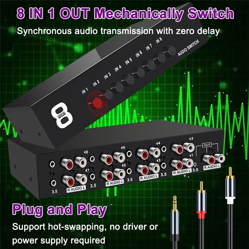 

AA08-3.5Mm Aux +RCA L/R Bi-Directional Stereo Audio Switch 8 In-1 Out A/B Analog Audio Switcher Selector