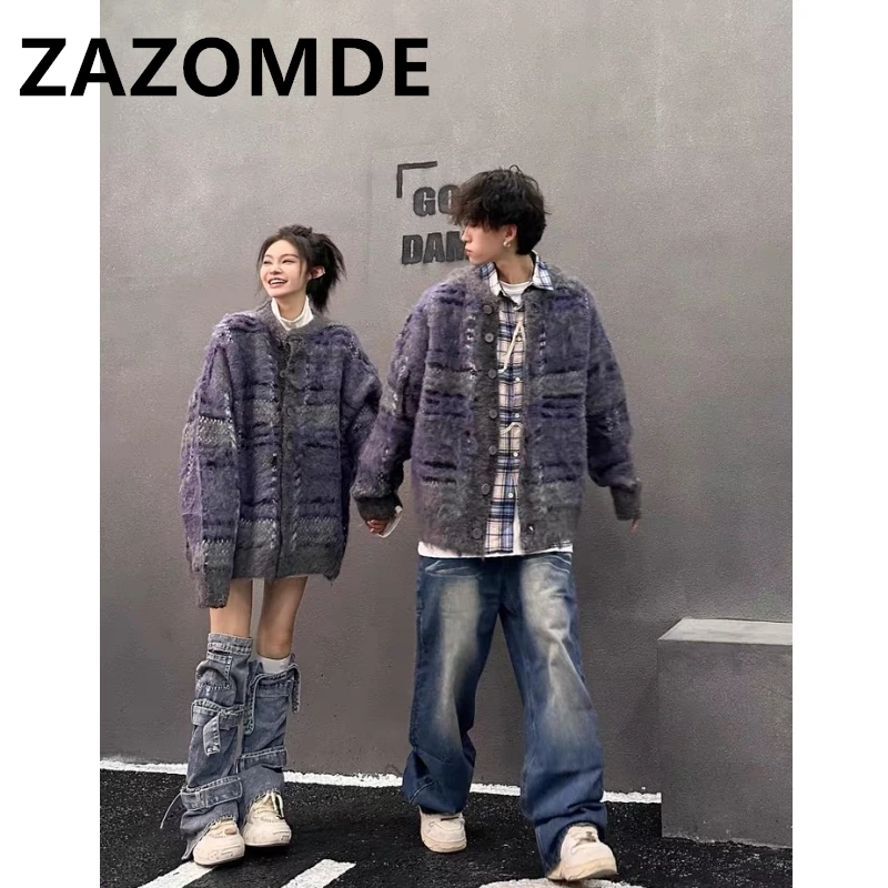 ZAZOMDE Winter New Vintage Oversize Sweaters Streetwear Y2k Clothes Knitted Jumper Jacquard Fashion Couple Cardigan Sweater Coat