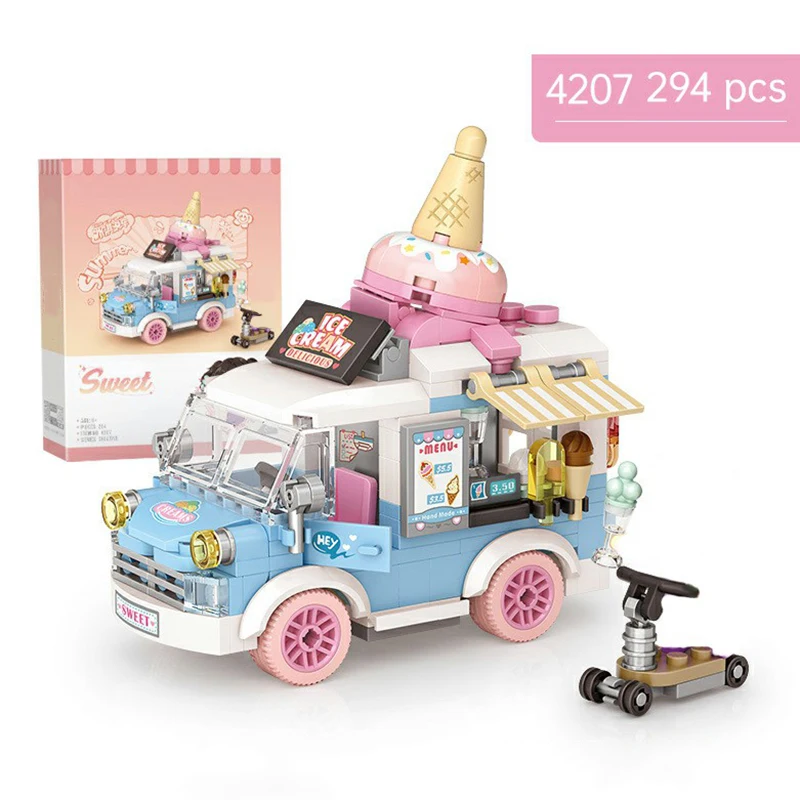 1 Set Cartoon Car Model Building Blocks DIY Ice Cream Truck Model Assembly Toy Holiday Gift Suitable for Home Desktop Decoration