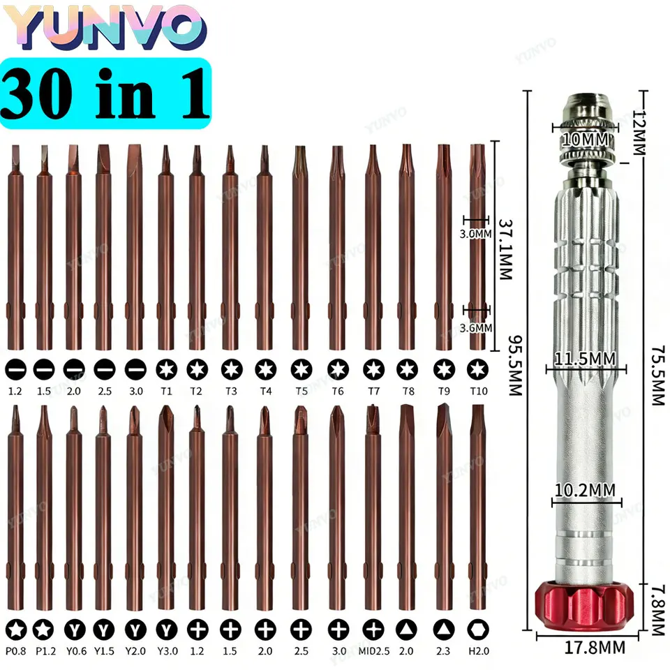 30 en 1 Set de Destornilladores de Precisión Magnéticos con Puntas de Acero S2 Kit de Reparación para Teléfonos Relojes Gafas para iPhone Android