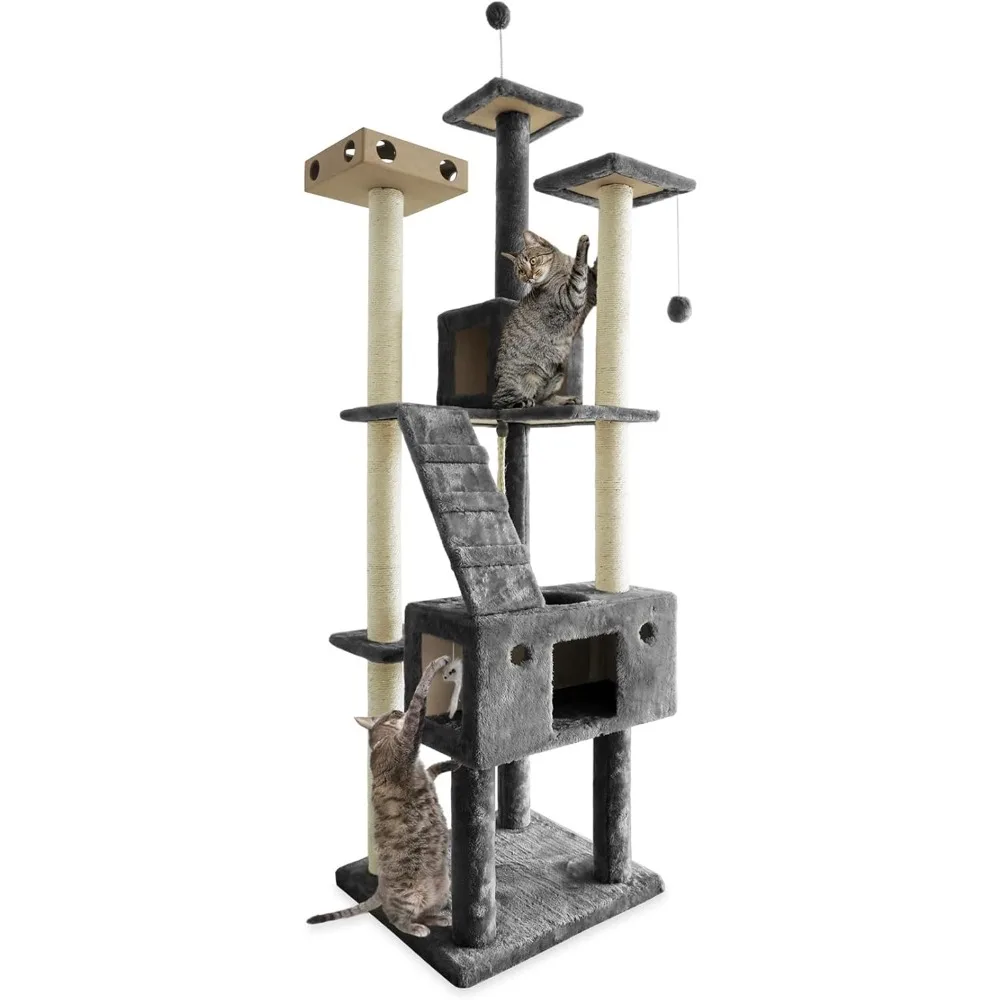 

69.3 "Indoor cat with tall cat tree, 2 sets of cat apartments, and toys - tiger sturdy double-layer interaction