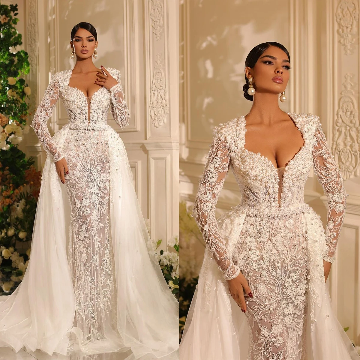 Pérolas impresionantes vestidos de novia de sirena ilusión Apliques de encaje Vestido de novia bordado personalizado con sobrefalda Vestido de novia