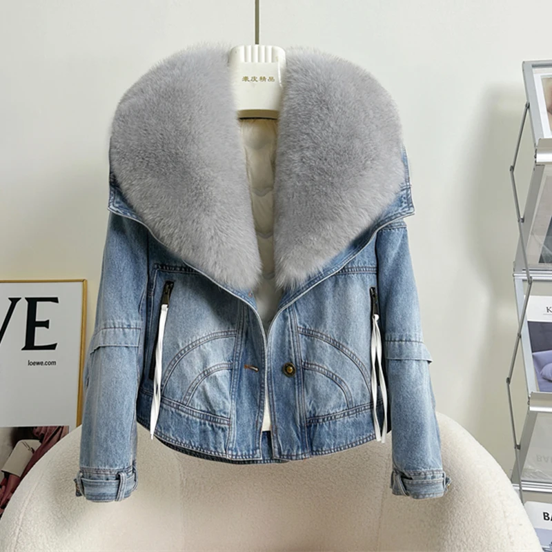 2023 Winter Women\'s Denim White Goose Down Coats With Natural Real Fox Fur Collar Outwear Luxury Female Jacket