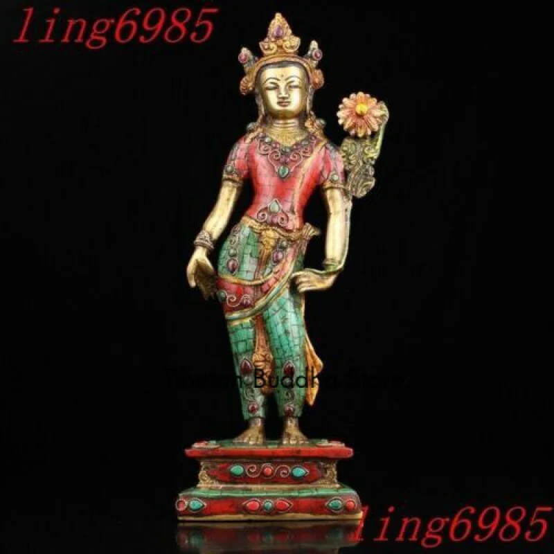 

Tibet Ancient Buddhism bronze turquoise Stand Tara Kwanyin Goddess Buddha Statue