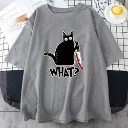 Funny Knife Cat Cartoon Printed T-Shirt Men Street Casual Short Sleeves Loose Oversized Cotton Tshirt Summer Breathable Tees