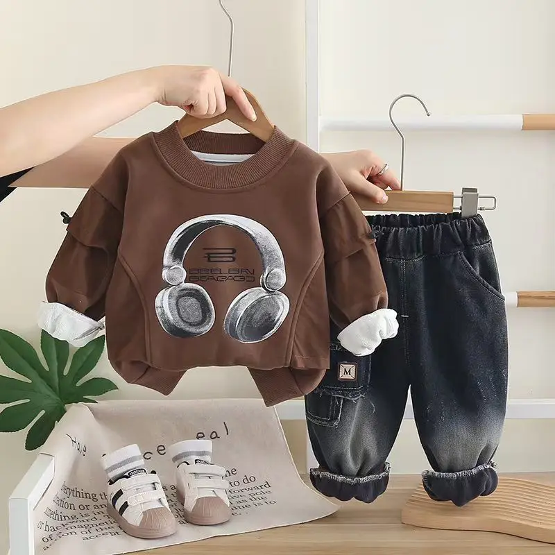 

Boy and Baby Plush Set Autumn and Winter Handsome Children's Hoodie Pants Two Piece Set 80-120cm