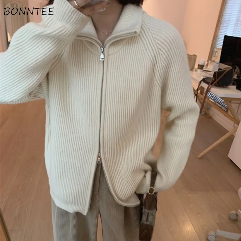 Cardigan Women Solid All-match American Retro Baggy Cozy Trendy Temper Students Streetwear Spring Coats Zipper Ulzzang Chic Ins