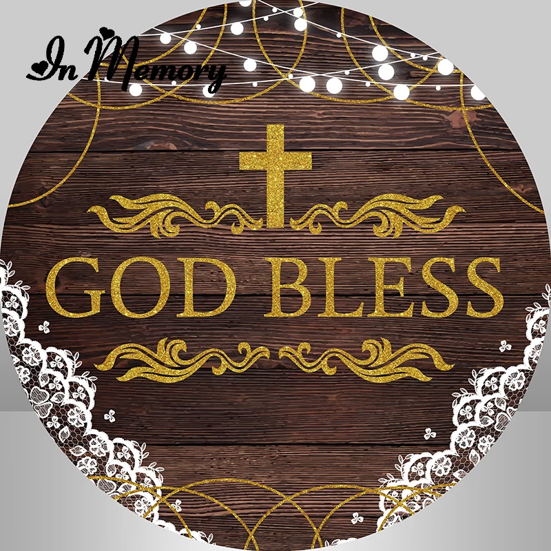 InMemory Retro Wood Lace Round Backdrop Cover God Bless Cross Kids Baptism Newborn Baby Shower Birthday Party Circle Background